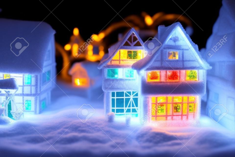 Miniaturhäuser im Dorf von Schnee bedeckt in der Nacht mit Licht Dekoration. Weihnachtswinterbaumuster für Feiertagshintergrund mit Exemplarplatz für Text.