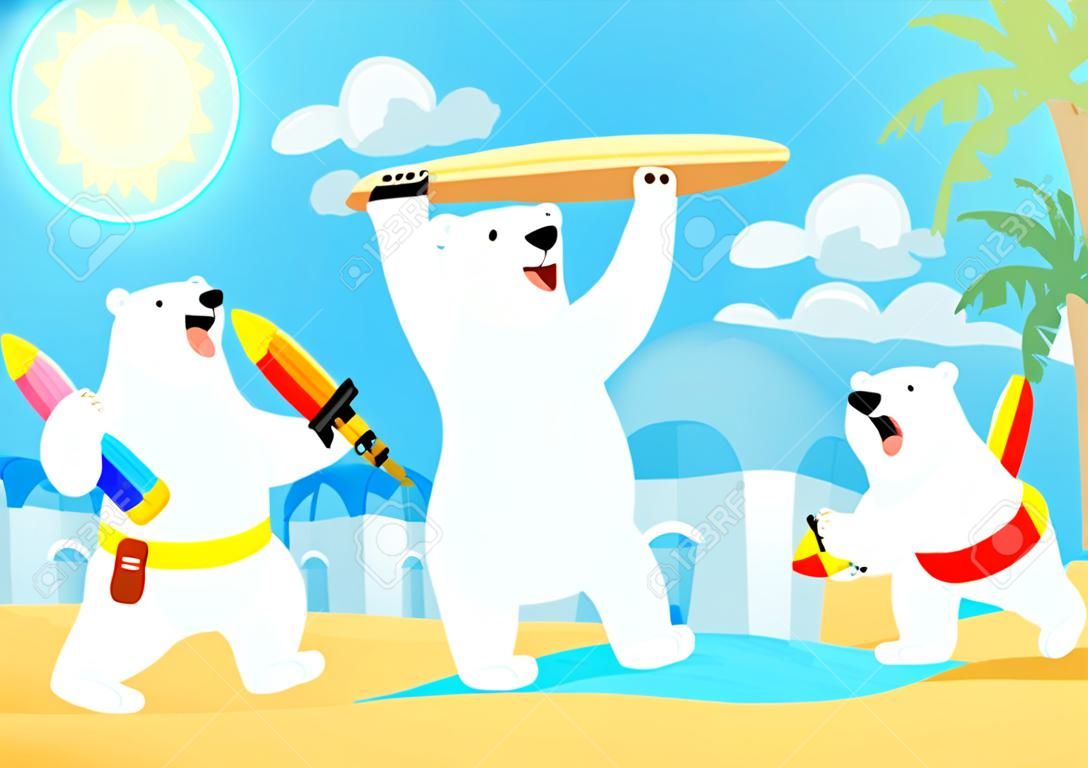 Plajda yaz tatile kutup ayısı ailesi İllüstrasyon