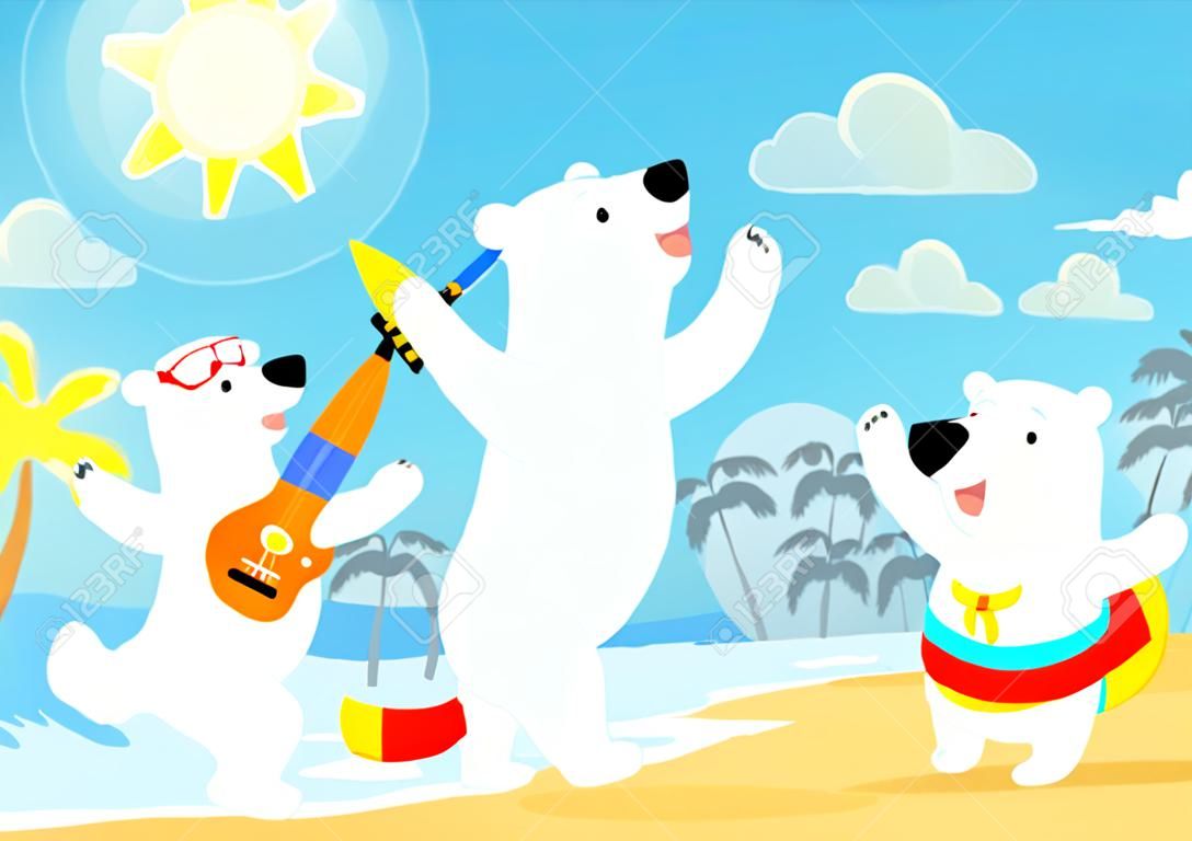 Plajda yaz tatile kutup ayısı ailesi İllüstrasyon