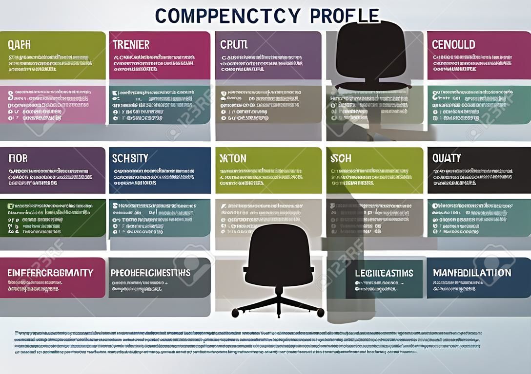 Modello di profilo delle competenze, infografica vettoriale colorata con simboli per analisi, comunicazione, leadership, creatività, lavoro di squadra, professionalità