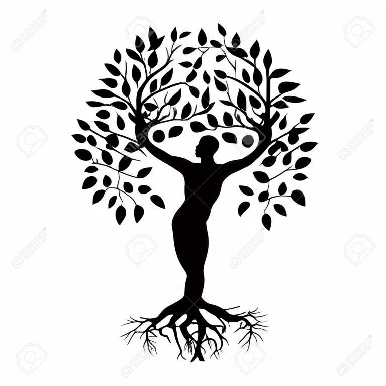 абстрактное человеческое дерево, человек с корнями, ветвями и листьями