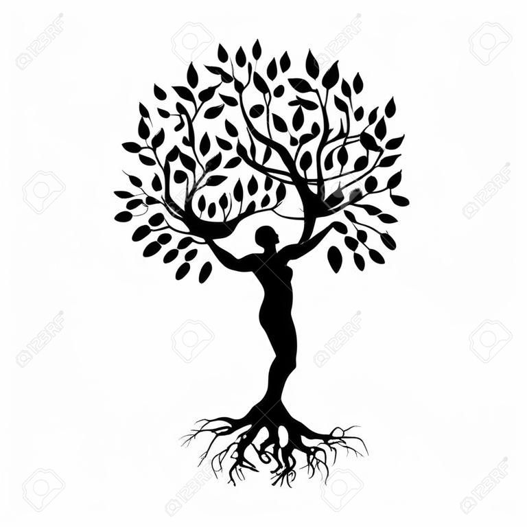 абстрактное человеческое дерево, человек с корнями, ветвями и листьями