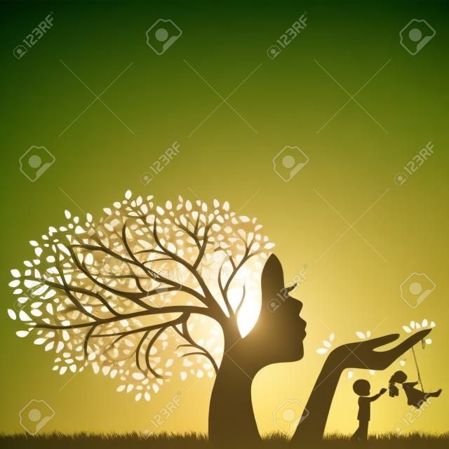 tree with female face holding swing for kids