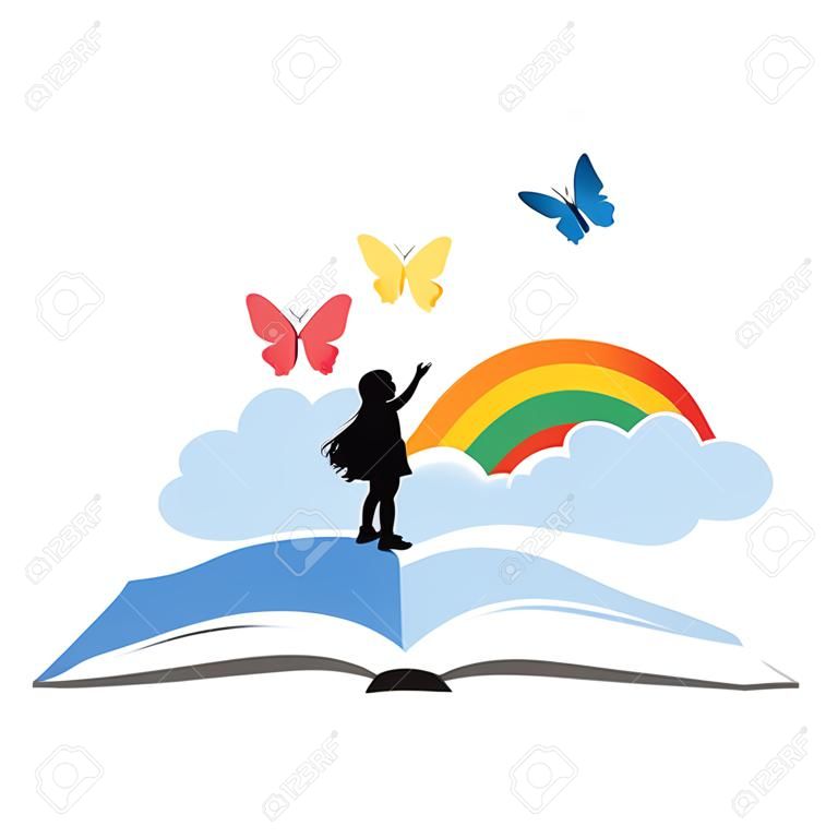 libro abierto, niños y hermoso cielo arcoiris con mariposas