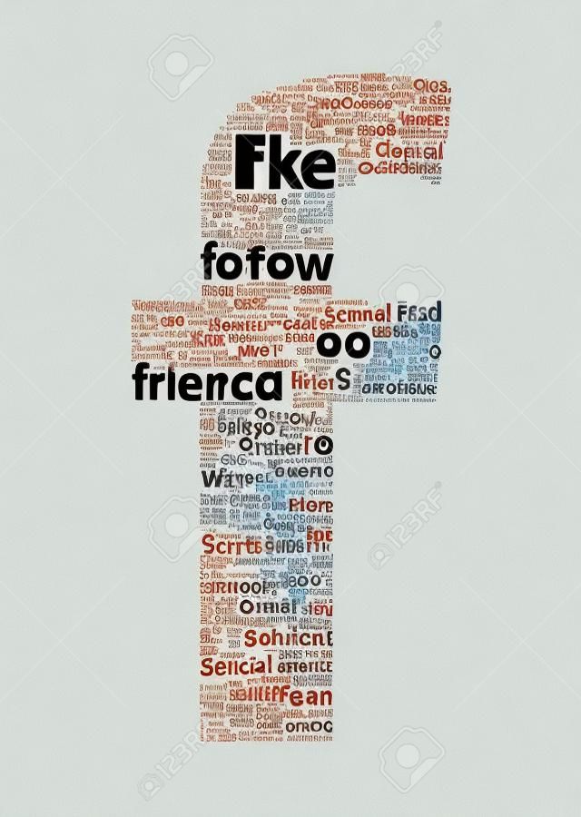 Illustration of the letter F, which is composed of words on social media themes. Isolated on white.