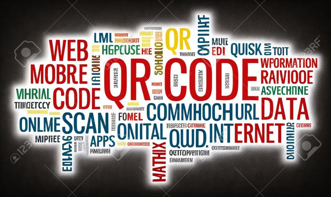  typographical word cloud illustration with multiple words on the theme of the use a QR code technology, in different sized fonts and different orientations  