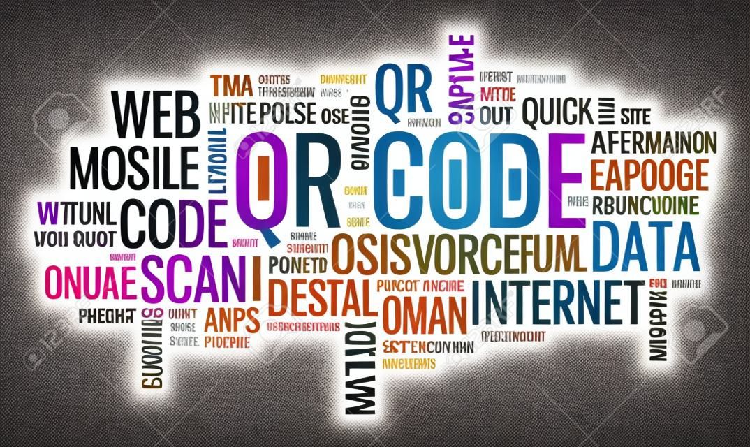 typographique illustration nuage de mots avec plusieurs mots sur le thème de l'utilisation d'une technologie QR code, dans différentes tailles de polices et des orientations différentes