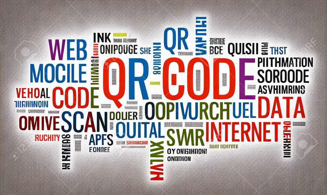  typographical word cloud illustration with multiple words on the theme of the use a QR code technology, in different sized fonts and different orientations  