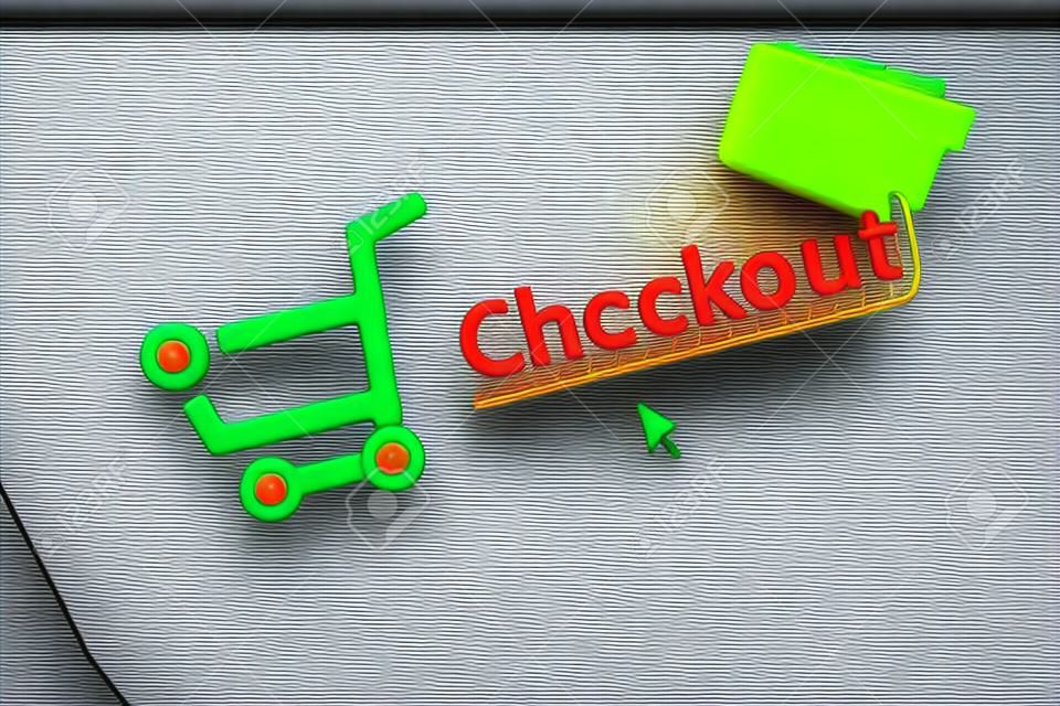 ショッピング カート項目とモニター画面上のリンクをチェック アウトのクローズ アップ写真