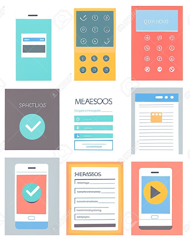 Flat design style vector illustration concept set of modern smartphone with various abstract user interface elements, forms, icons, buttons for application software in stylish colored design. Isolated on white background. 