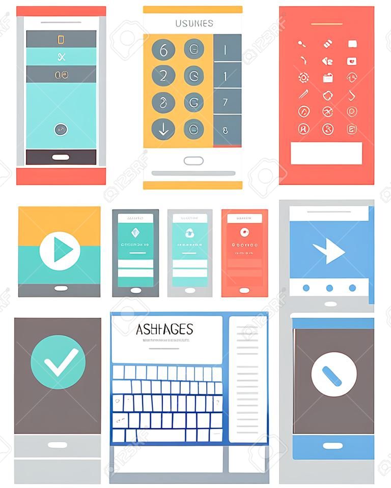 Flat design style vector illustration concept set of modern smartphone with various abstract user interface elements, forms, icons, buttons for application software in stylish colored design. Isolated on white background. 
