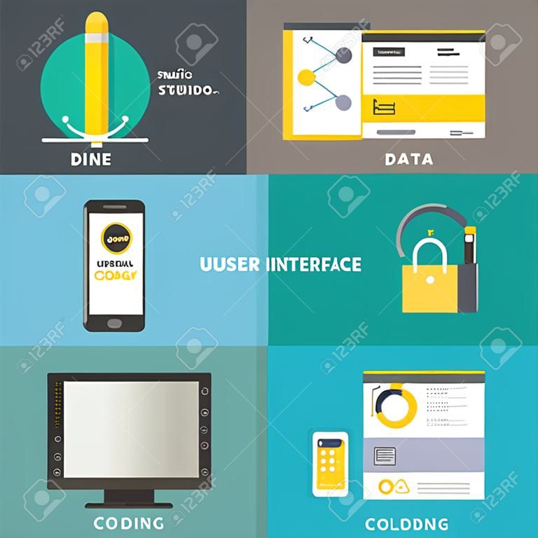 Sitio web el diseño de interfaz de usuario, la página web de codificación y programación, desarrollo de aplicaciones móviles, la identidad de marca y la visualización de datos.