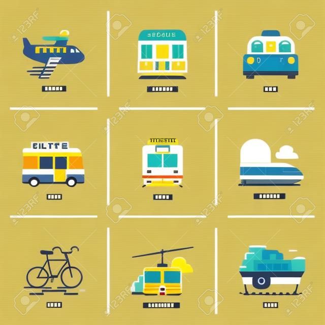 扁線圖標設置像飛機，地鐵，出租車，公交車，電車，火車，自行車，索道和海上船舶的各種運輸車輛。