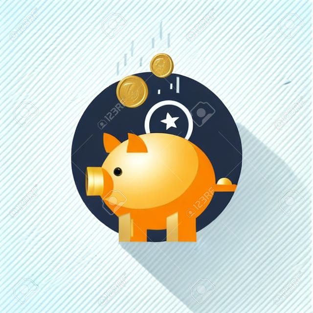 Piggy bank with coins, financial savings and banking economy, long-term deposit investment. Flat icon modern design style vector illustration concept.