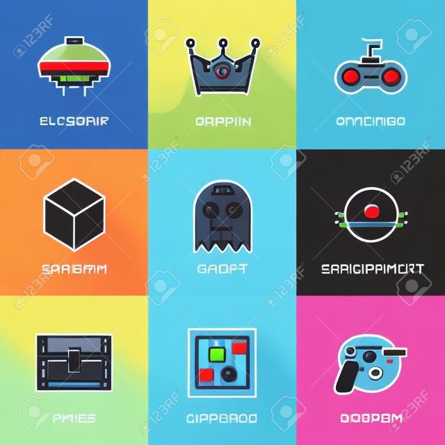 Iconos de comunicación establecidos con elementos planos de diseño de videojuegos, juegos de ordenador, consola, gamepad juego shooter videojuegos, desarrollo de entretenimiento indie. Concepto moderno colección pictograma vector logo.