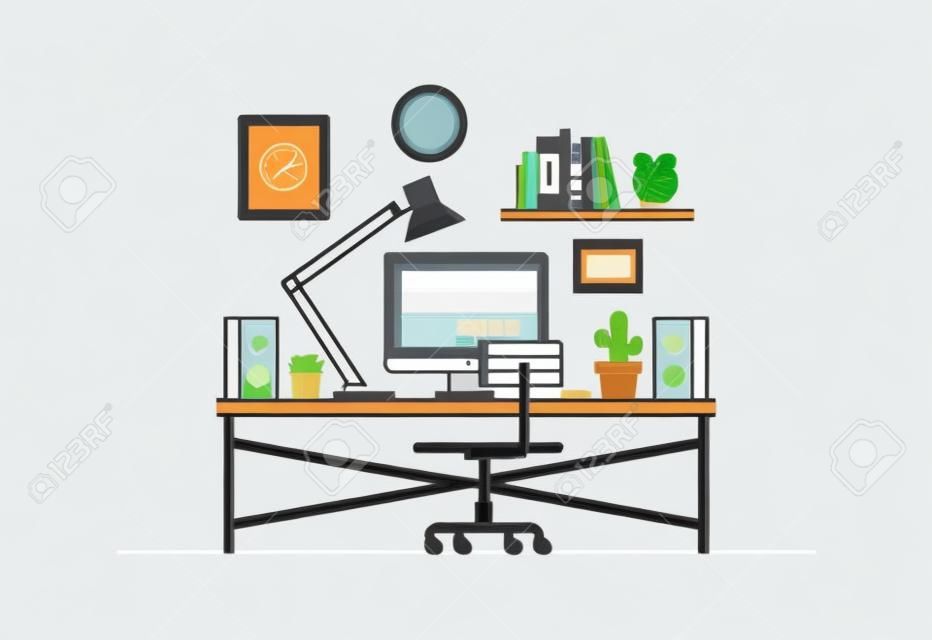 Thin line flat design of web designer workspace room interior, creative office desk with desktop computer, graphic artist work place. Modern vector illustration concept, isolated on white background.