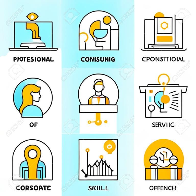 Line icons set with flat design elements of corporate management, business people training, online professional consulting service, efficiency of team skill. Modern vector pictogram collection concept.