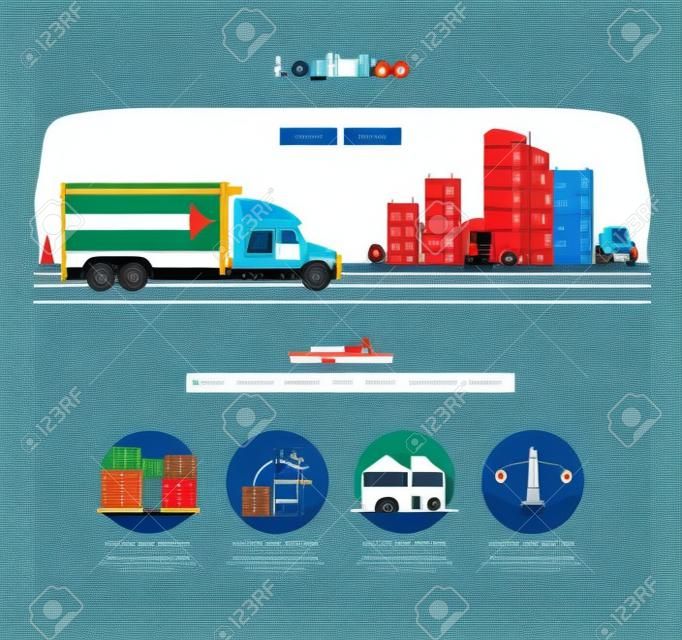 Una página de la plantilla de diseño web con iconos de líneas finas de la carga logística de contenedores en vehículo de camiones pesados, servicio de distribución de la entrega de carreteras. Diseño plano héroe gráfico concepto de imagen, diseño de elementos del sitio web.