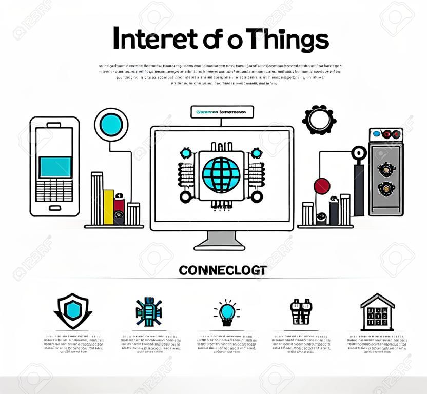 One page web design template with thin line icons of internet of things data technology, network infrastructure of connecting everything. Flat design graphic hero image concept, website elements layout.