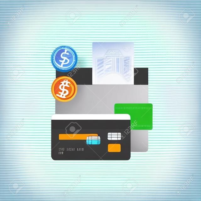 Modern vector icon of wallet with banknotes and currency logo coins, credit card. Premium quality vector illustration concept. Flat line icon symbol. Flat design image isolated on white background.