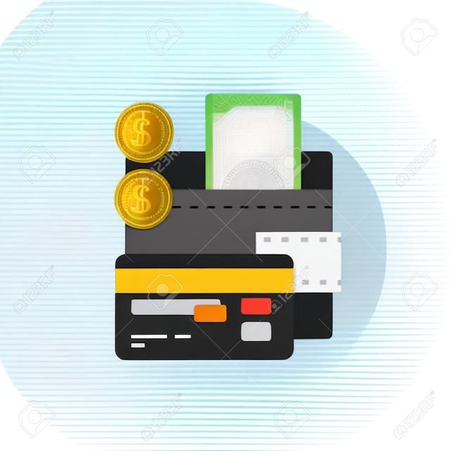 Modern vector icon of wallet with banknotes and currency logo coins, credit card. Premium quality vector illustration concept. Flat line icon symbol. Flat design image isolated on white background.