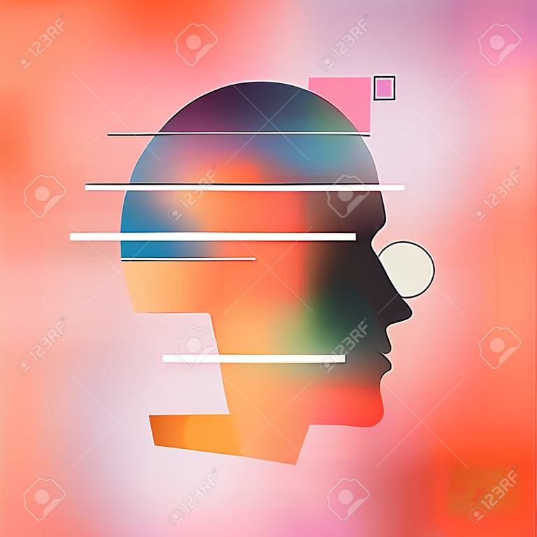 Digital illustration of abstract human head with sections and lines. Made with vector vibrant color gradient geometry form. Minimalist textured graphic artwork for wallpaper, web art and presentation.
