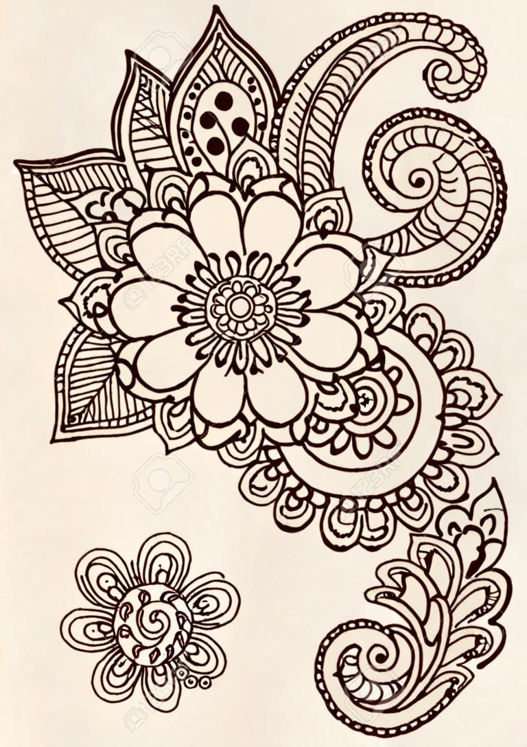 Fleurs Henna Mehndi Paisley Doodles Tattoo Design-Résumé Floral