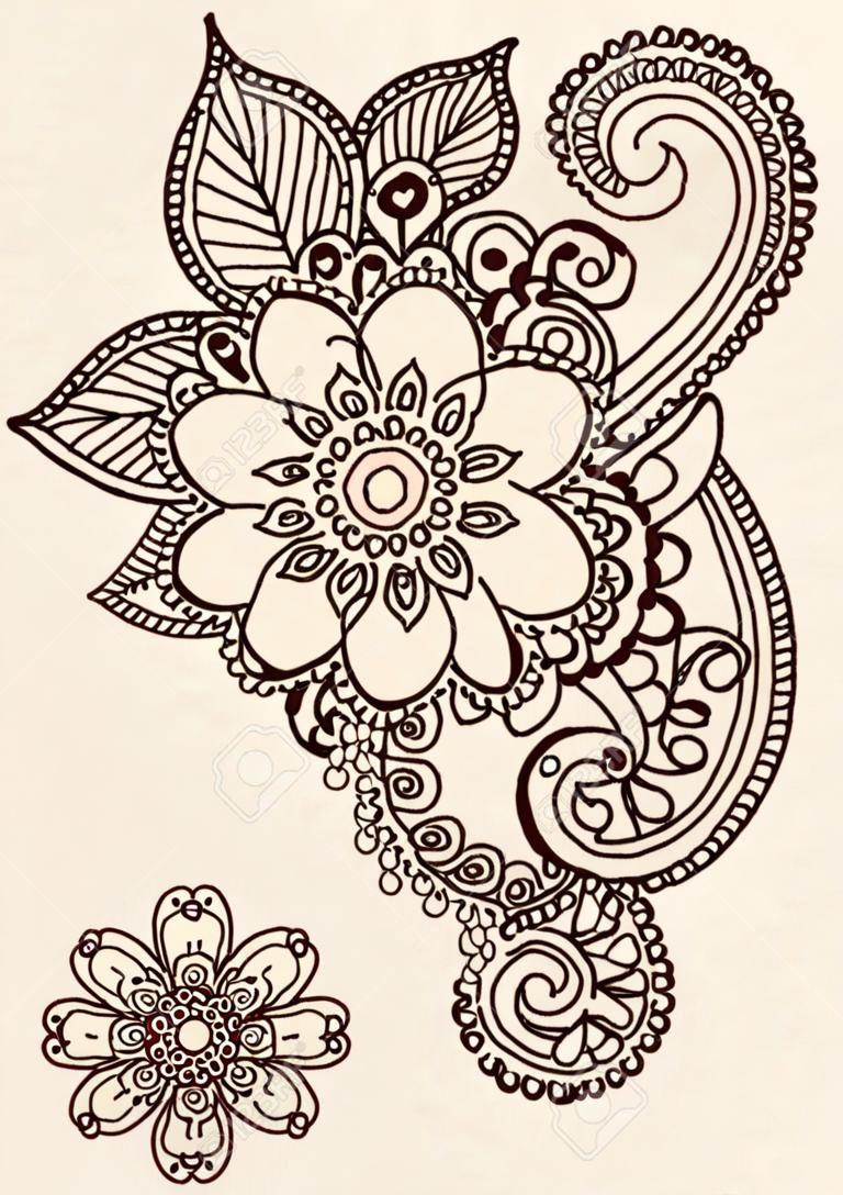Henna Paisley Flowers Mehndi Tattoo Doodles Design- Abstract Floral 