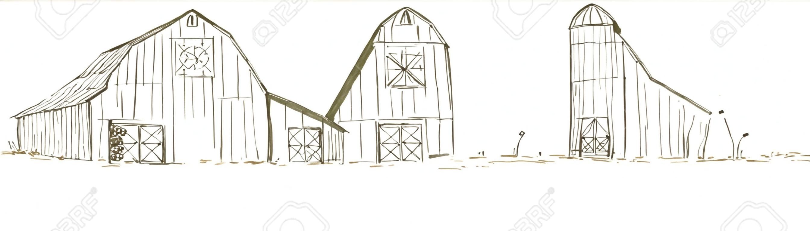 Pen and ink style illustration of an old barn/farm scene.
