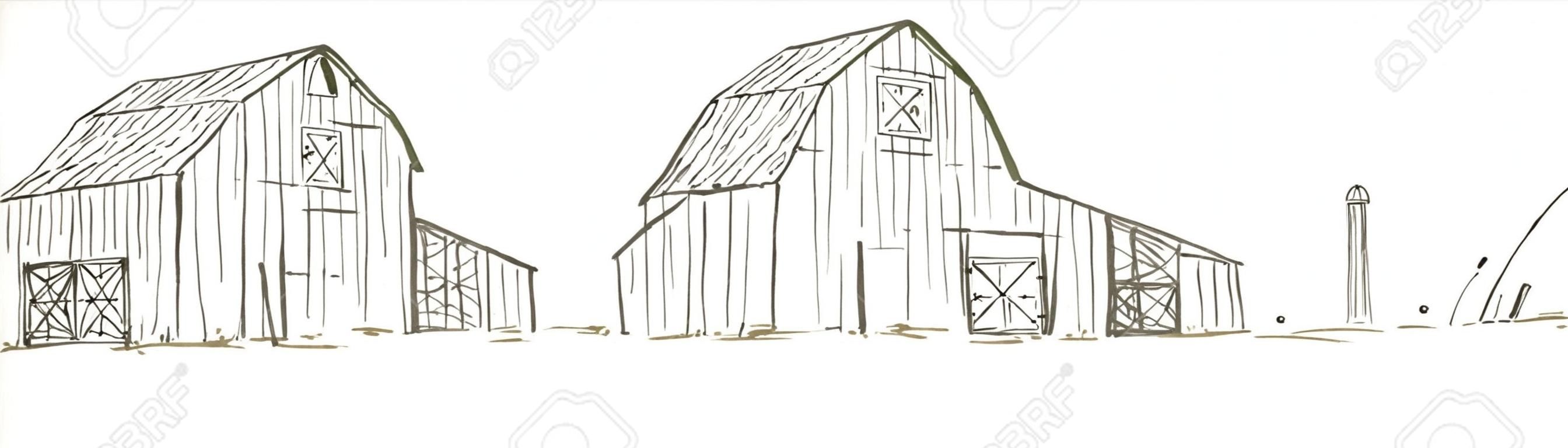 Pen and ink style illustration of an old barn/farm scene.