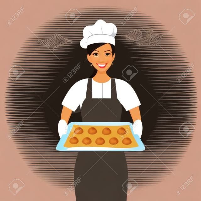 Giovane donna che cuoce l'illustrazione di vettore dei biscotti con pepita di cioccolato. Pasticcere che prepara i biscotti per il negozio di panetteria. Vassoio della holding della casalinga con il carattere dei biscotti a forma di cuore nella progettazione piana.