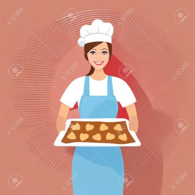 Młoda kobieta pieczenia ciasteczka czekoladowe ilustracji wektorowych. cukiernik przygotowuje ciasteczka dla piekarni. gospodyni gospodarstwa taca z charakterem ciasteczka w kształcie serca w płaskiej konstrukcji.