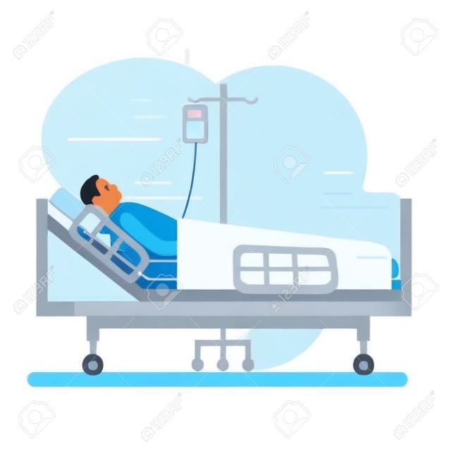 Um homem doente está na cama médica em um gotejamento. O paciente está na ilustração vetorial do conceito do hospital no fundo branco.