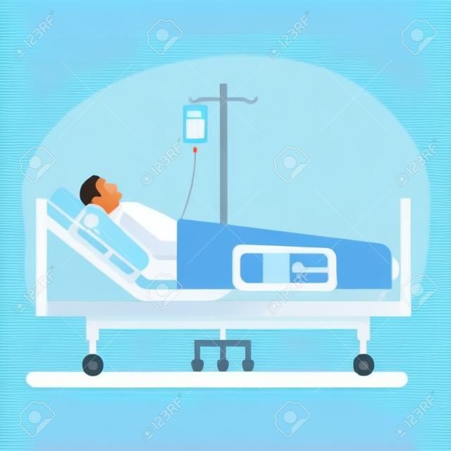 Un hombre enfermo está en una cama médica con un goteo. El paciente está en la ilustración de vector de concepto de hospital sobre fondo blanco.