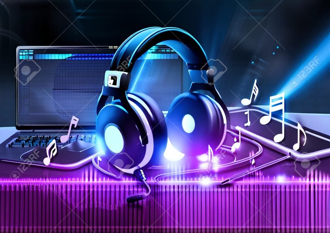 Mixer de DJ com fones de ouvido, fundo de festa de Dj
