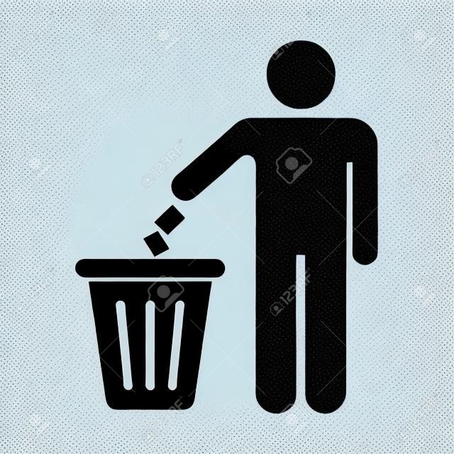 Silhueta de um homem, jogando lixo em um caixote, isolado no fundo branco. Mantenha o símbolo limpo.