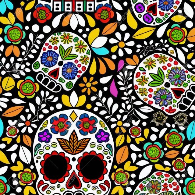 Sugar Skull Floral Naif Art Mexican Calaveras Vector Seamless Pattern Design
