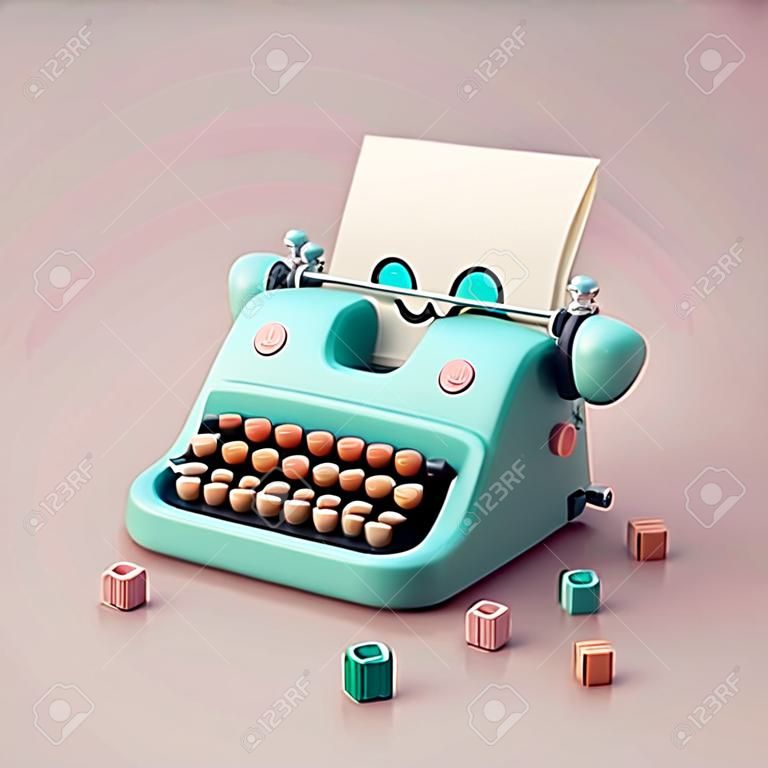 Niedlicher und skurriler 3D-Schreibmaschinen-Icon-Charakter, perfekt zum Schreiben, Literaturprojekte, Website-Icons, App-Buttons, Marketingmaterialien. entzückendes Cartoon-ähnliches Design, fröhlich