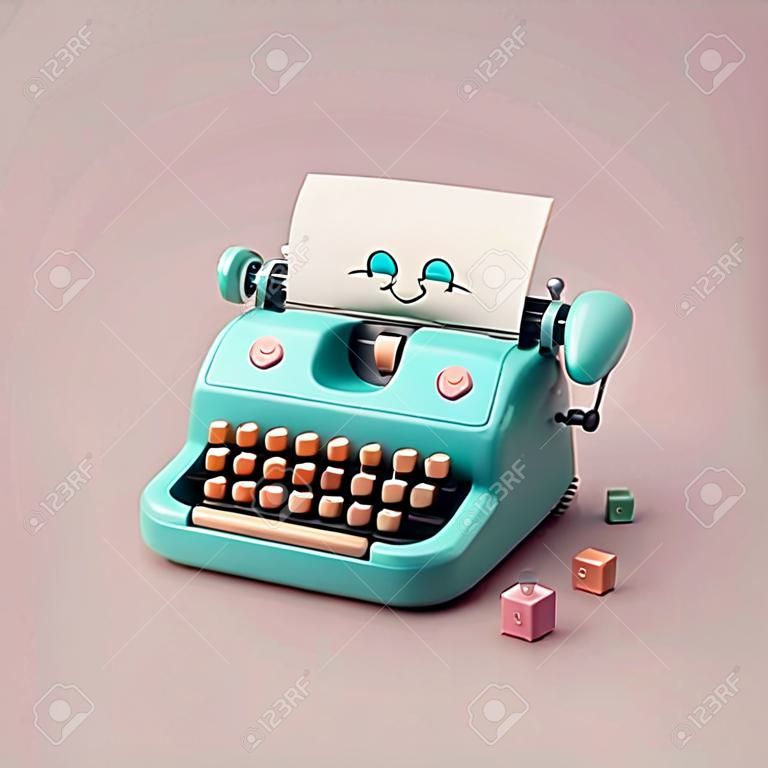Cute & whimsical 3D typewriter icon character perfect for writing, literature projects, website icons, app buttons, marketing materials. Adorable cartoon-like design, cheerful