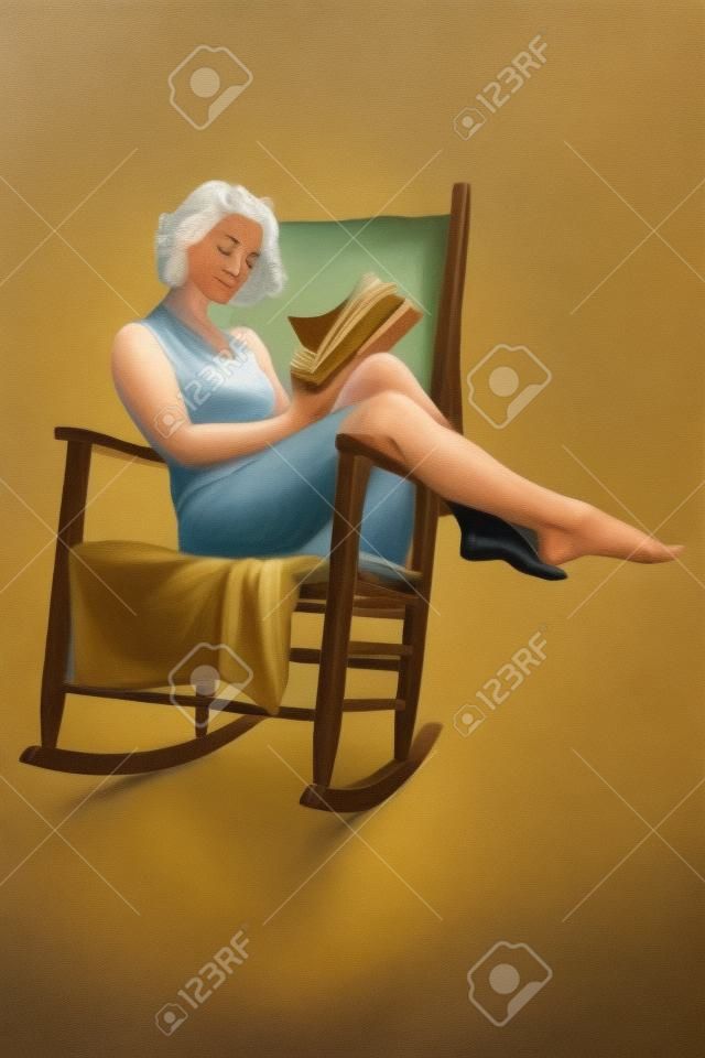 Image of a topples woman sitting in a rocking chair reading a book.