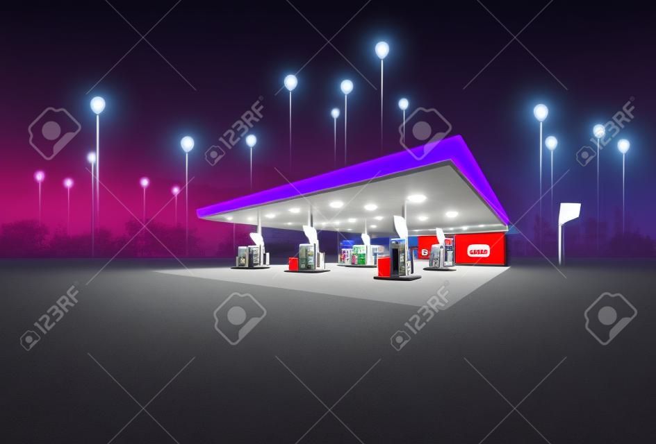 Stacja benzynowa w nocy z ikoną lokalizacji miejsca łączy między budynkami miejskimi