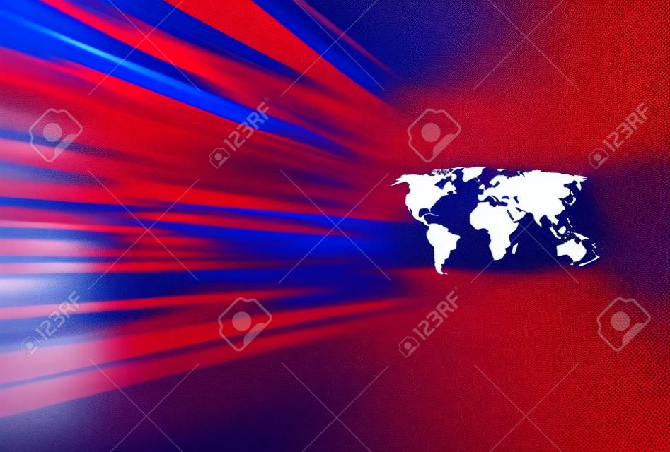 Graphical abstract background, empty studio space with dot world map on back , red and blue theme background. 3d illustration