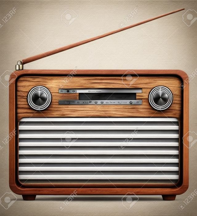 Wooden frame retro radio on white background