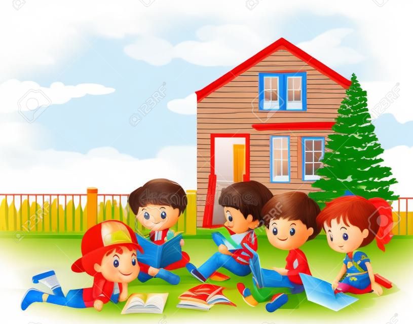 Internatinal children studying outside classroom illustration