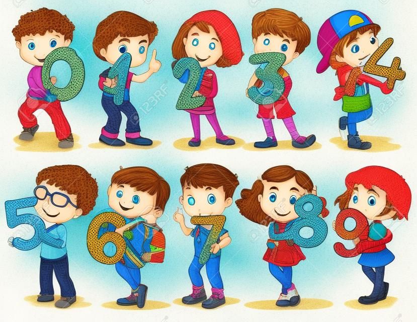 Children holding number zero to nine illustration