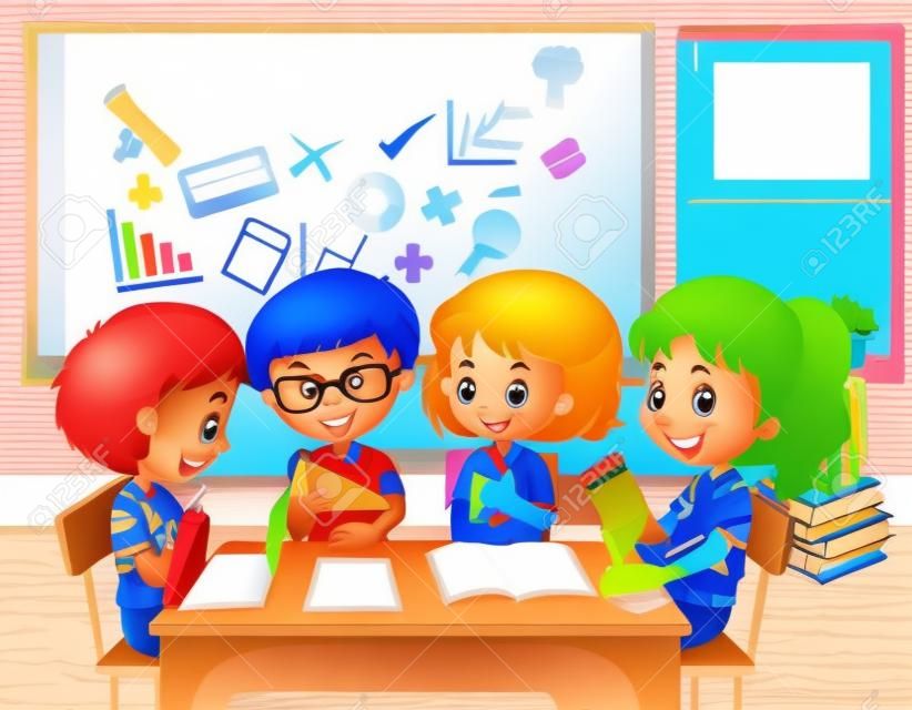Kinderen die in groep werken in het klaslokaal illustratie