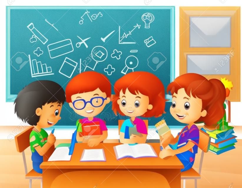 Crianças que trabalham em grupo na ilustração da sala de aula