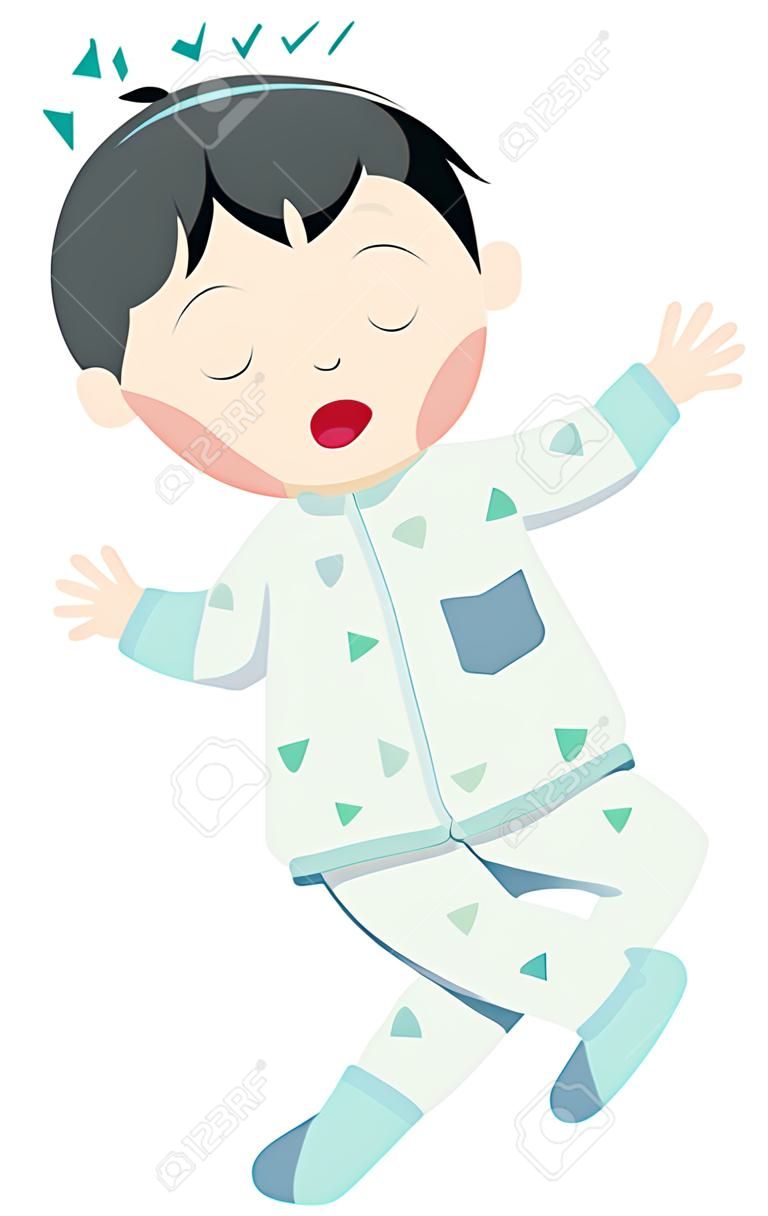 小男孩穿著睡衣睡覺的插圖
