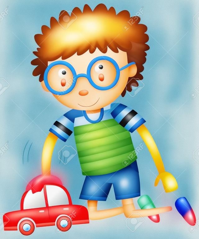 Kleine jongen spelen met speelgoed auto illustratie