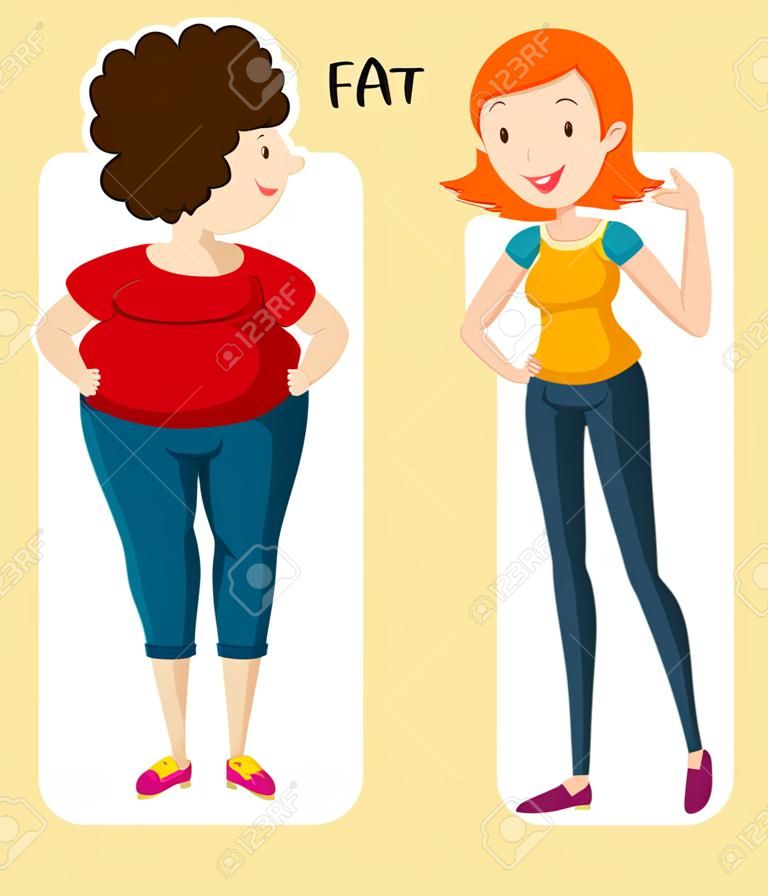 相反的形容词，脂肪和瘦的插图